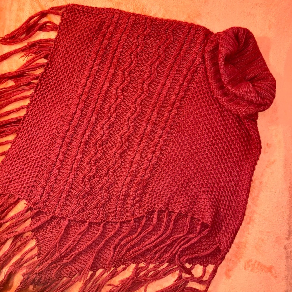 High Neck Fringe Hem Poncho Sweater
